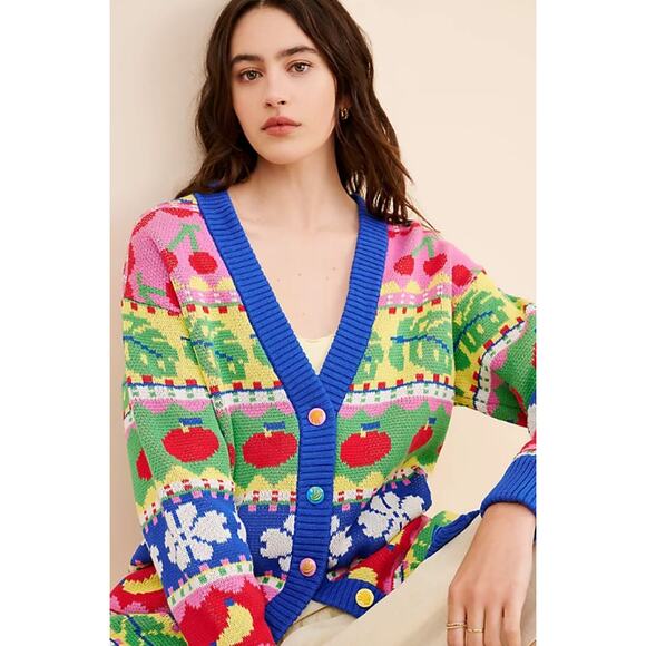 FARM RIO Sweet Orchard Chunky Knit Cardigan Cozy Oversized Fruit Floral Sweater - Picture 2 of 16
